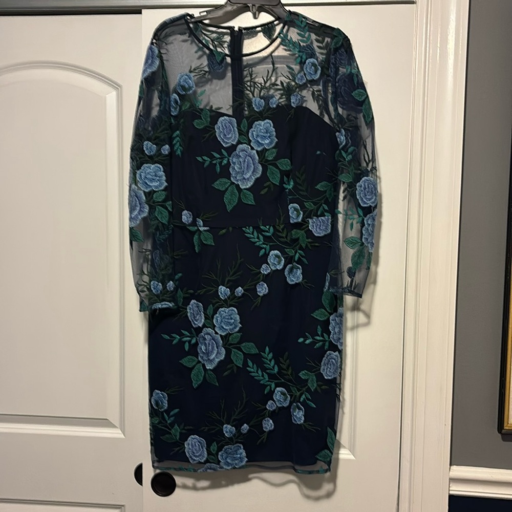 Tahari Arthur S Levine Embroidered Sheer Flowery dress size 14 Navy